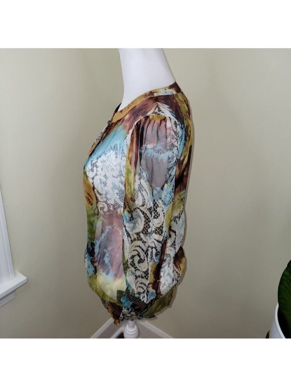 Everest Apparel Silk Blouse Sheer Multicolored Elastic Waist Top Women's Size S - Picture 4 of 14